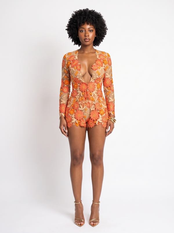 Coral Sunset - Ensemble short broderie florale